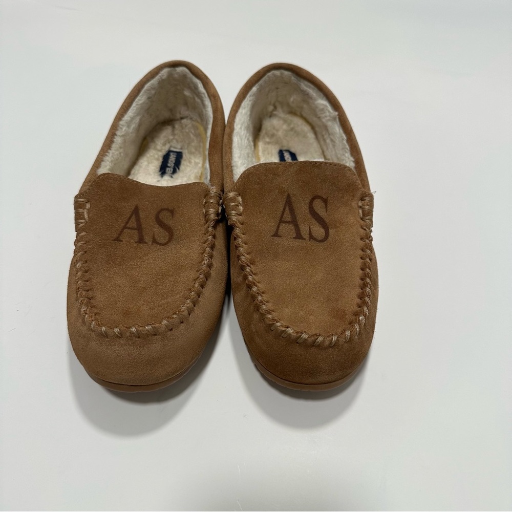 Lands End Women's Tan Suede Leather Moccasin Slippers Monogrammed "AS" S…